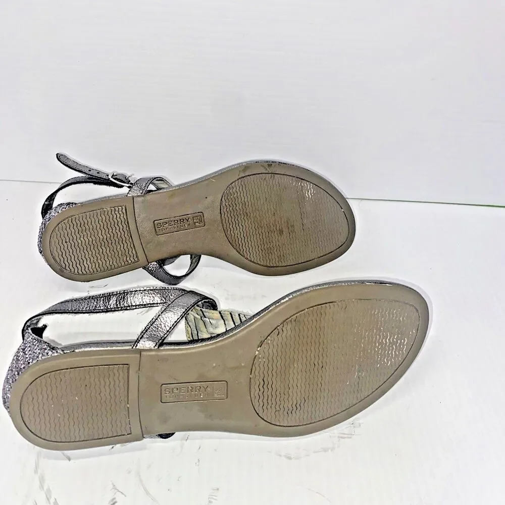 Sperry Top-Sider Women's Silver T-Strap Sandals Size 7 Closed Heel NICE
